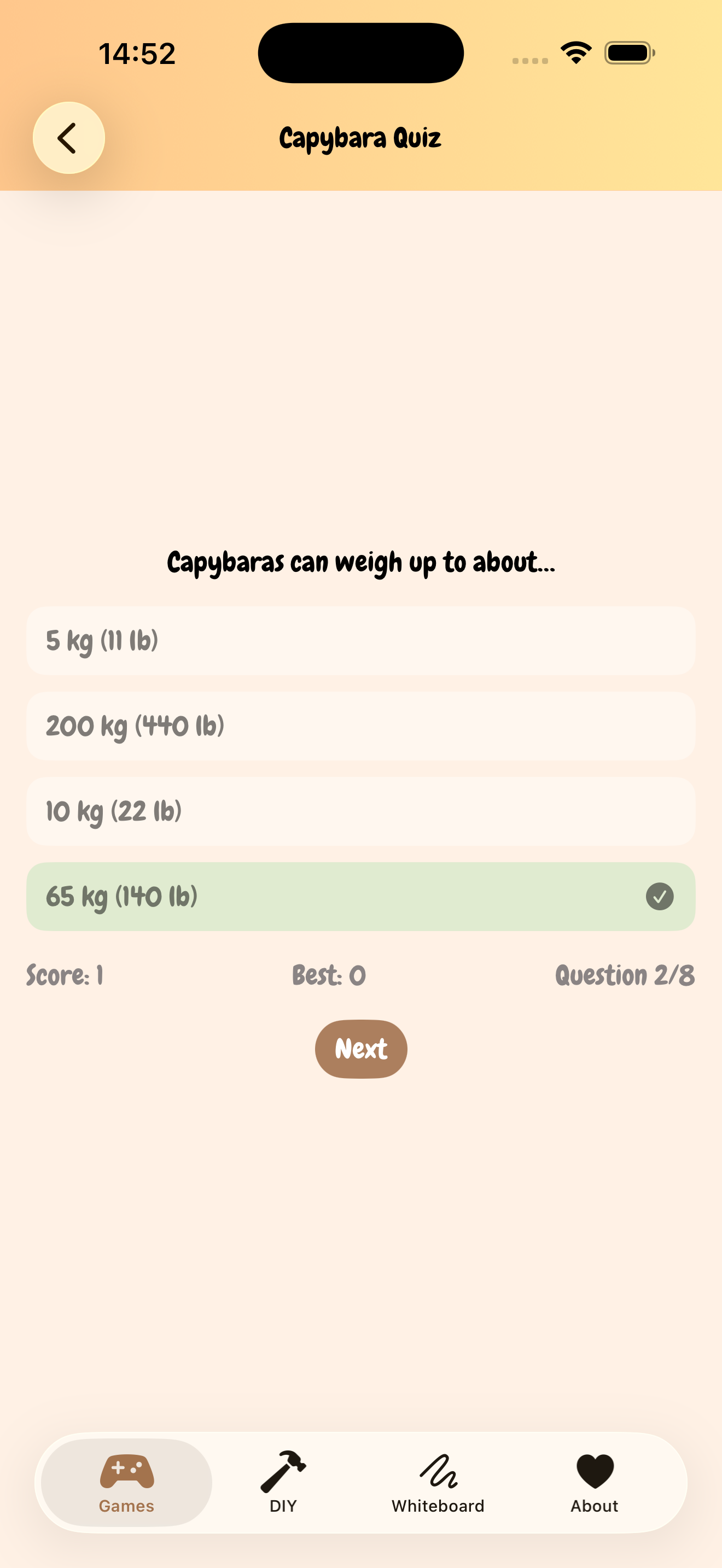 Capybara Quiz gameplay with multiple choice questions